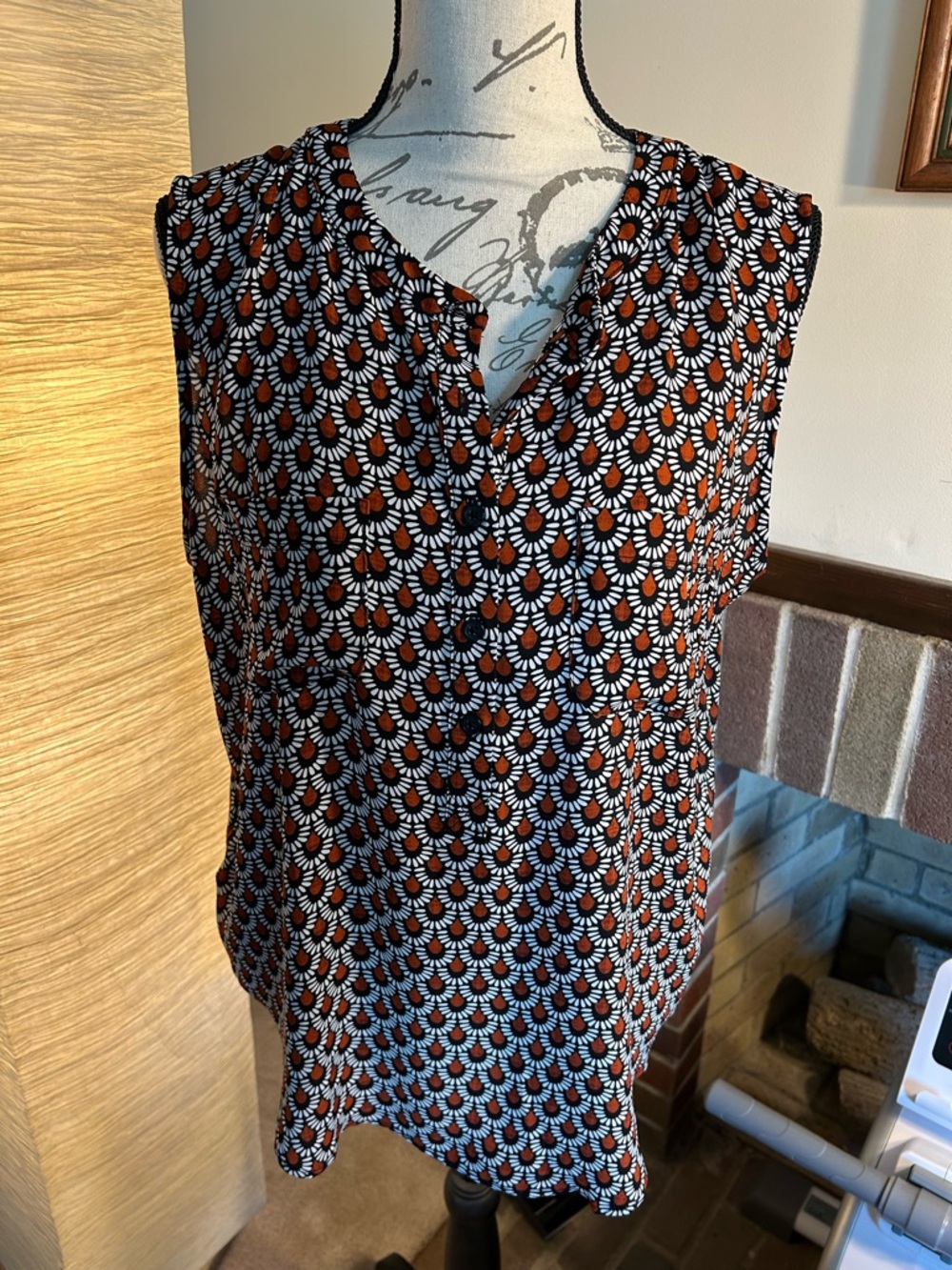 LOFT Sleeveless Split-Neck Top in Black, White & Orange Geometric Print
